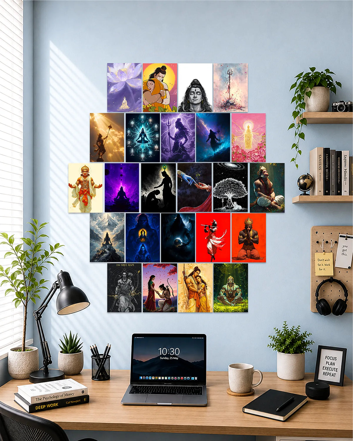 24-piece Hindu gods wall art collection featuring Lord Shiva, Lord Rama, Lord Krishna, Hanuman, meditation artwork, sacred symbols, and spiritual gallery wall decor