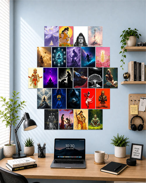 24-piece Hindu gods wall art collection featuring Lord Shiva, Lord Rama, Lord Krishna, Hanuman, meditation artwork, sacred symbols, and spiritual gallery wall decor