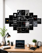 24-piece gym motivation poster collage featuring bodybuilding art, discipline quotes, fitness aesthetic prints, black and white workout wall decor for home gym and bedroom