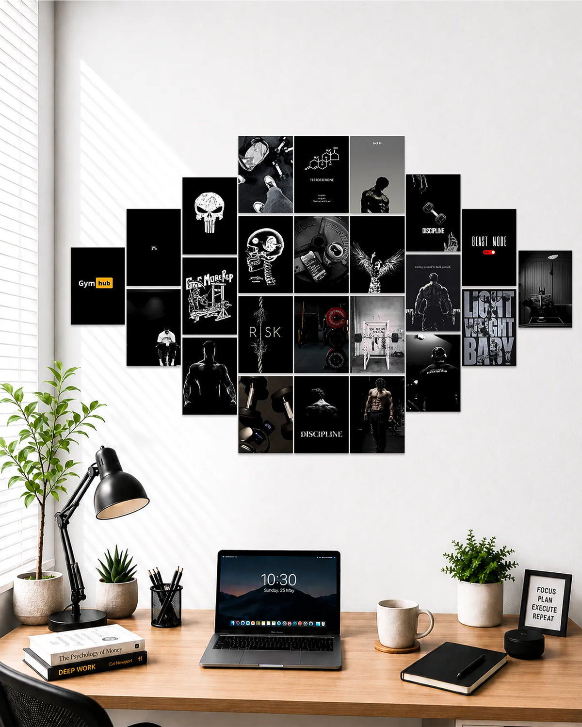 24-piece gym motivation poster collage featuring bodybuilding art, discipline quotes, fitness aesthetic prints, black and white workout wall decor for home gym and bedroom
