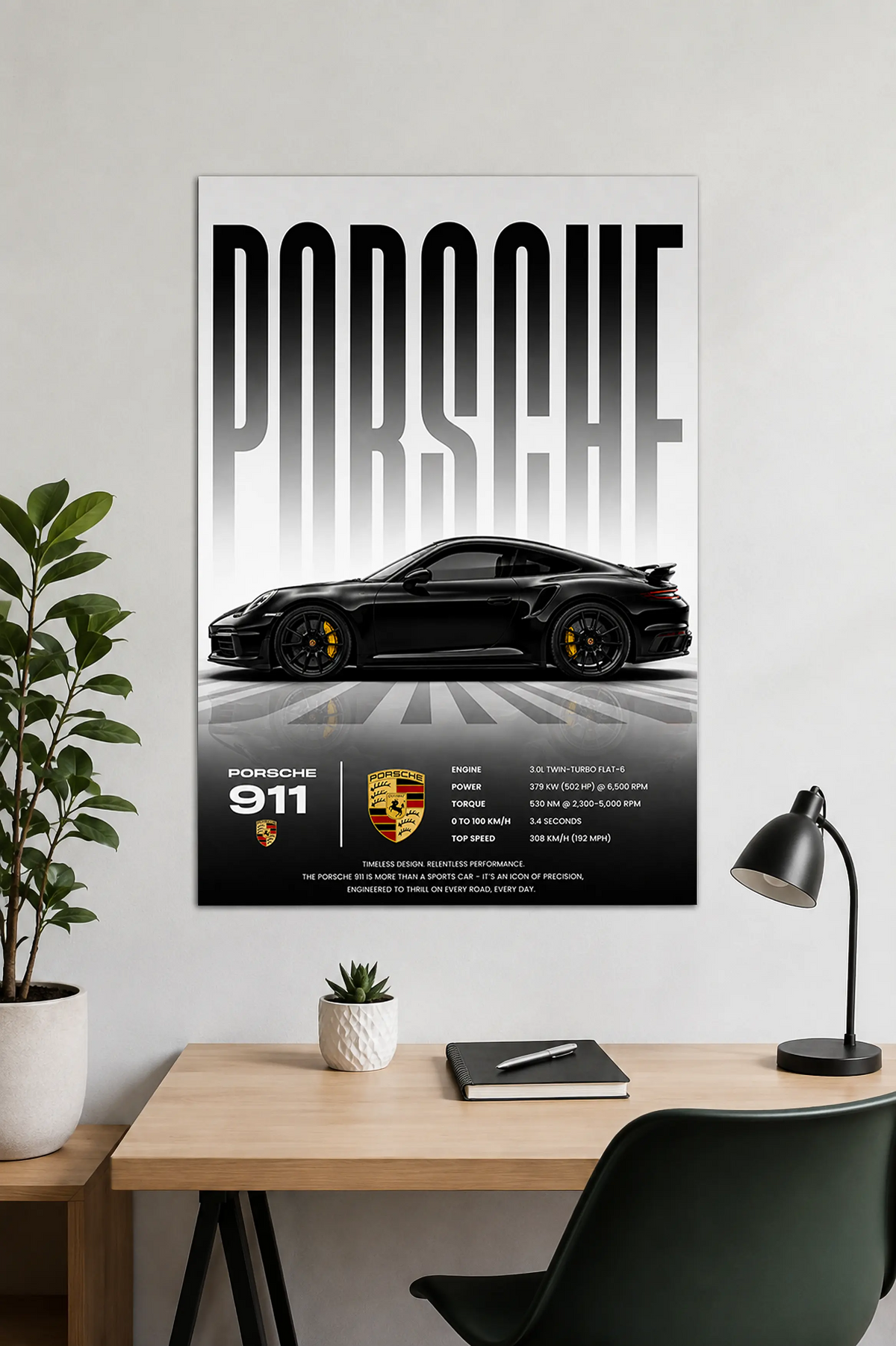 Black Porsche 911 Turbo wall art poster with luxury sports car infographic design, modern automotive decor print