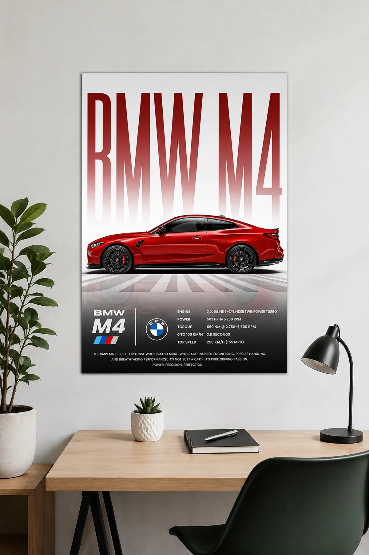 BMW M4 Wall Art Canvas featuring a red BMW M4 performance coupe with modern automotive poster design, premium HD canvas print for office, garage, gaming room, living room, and BMW enthusiasts.