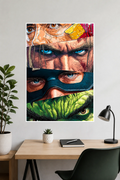 mage 1 (Handheld View): Person holding a Marvel Avengers comic eyes poster featuring close-up panels of Iron Man, Thor, Captain America, and Hulk.