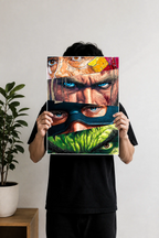 Image 2 (Desk Mockup View): Marvel Avengers superhero eyes wall art poster hung above a wooden desk setup with a black lamp.