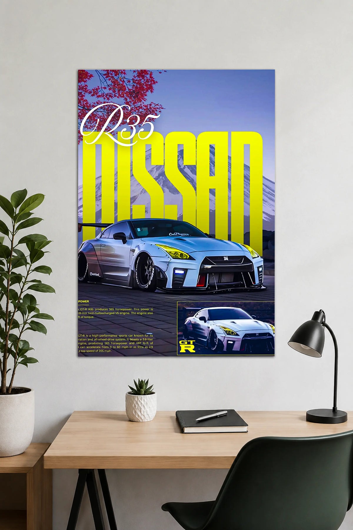 Nissan GT-R R35 poster with Mount Fuji background, JDM sports car wall art, Japanese automotive decor print