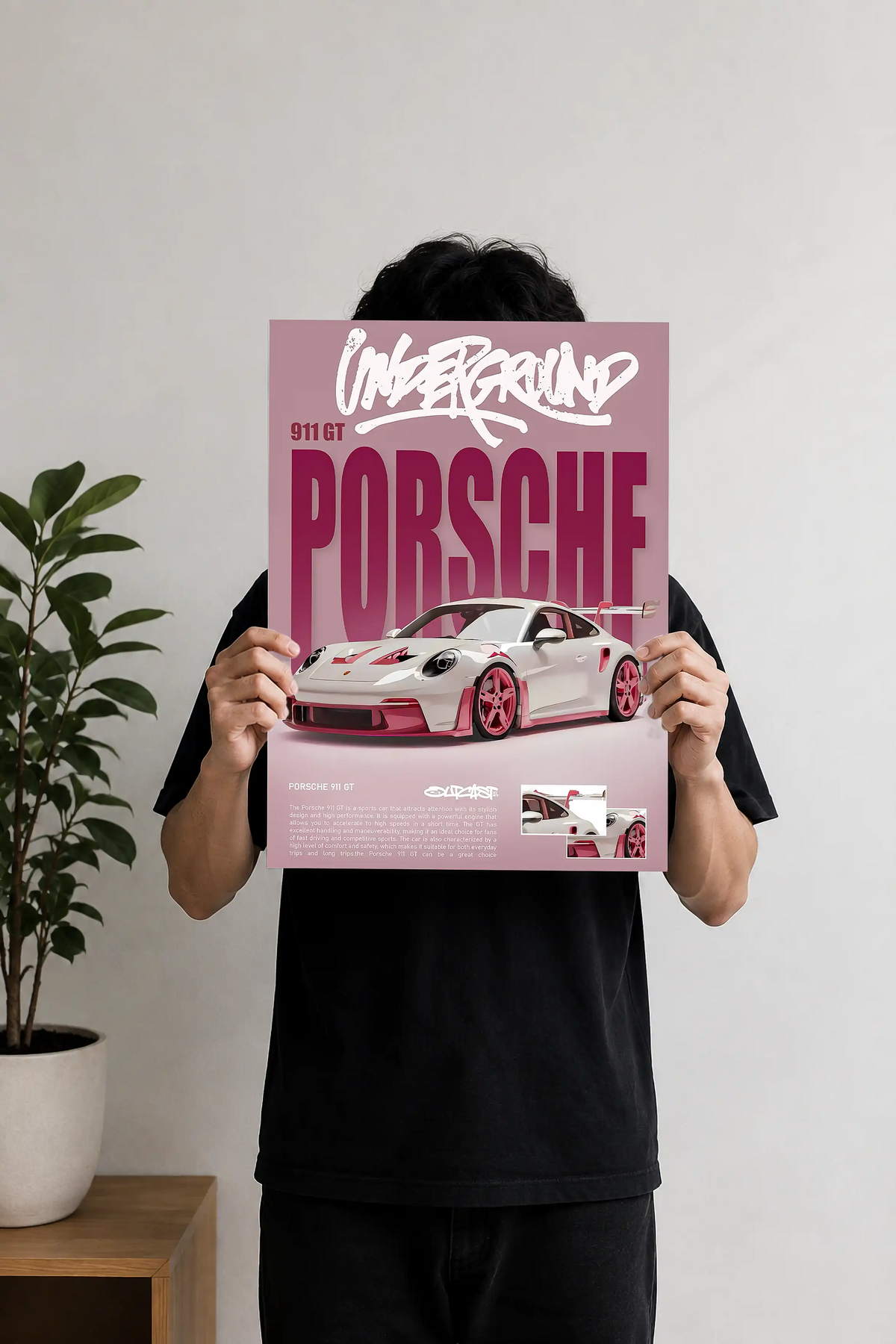 Pink Porsche 911 GT printable poster featuring a white Porsche sports car with bold typography, modern automotive wall art for garage, office, bedroom, and gaming room decor.