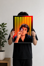 Image 2 (Desk Mockup View): Raghuvaran cult Tamil cinema wall art poster mounted above a wooden desk with a black desk lamp.