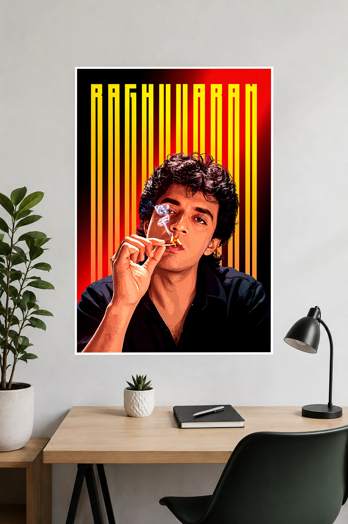 Image 1 (Handheld View): Person holding a Raghuvaran vintage movie poster with striking yellow vertical typography and red gradient art.