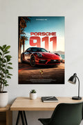 Red Porsche 911 sports car poster with coastal sunset background, luxury automotive wall art for garage and office decor