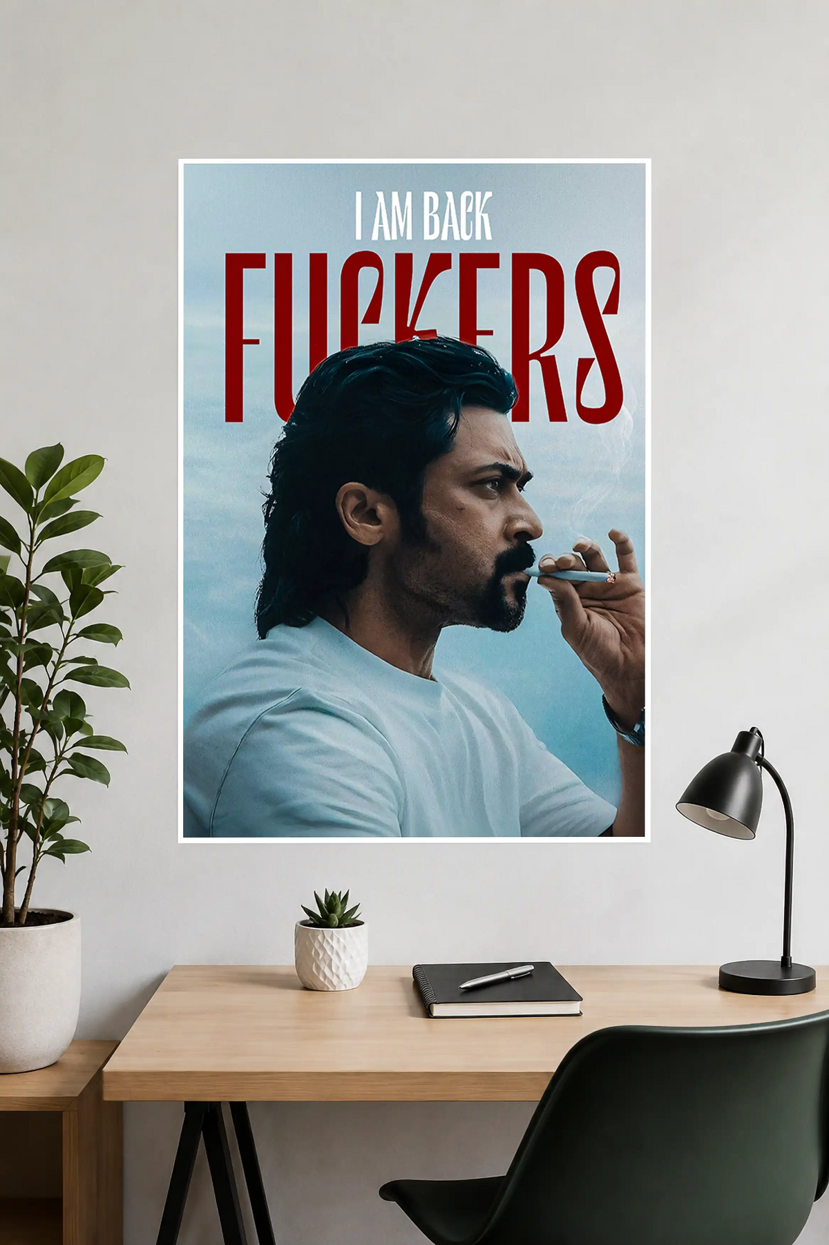 Image 1 (Handheld View): Person holding a Suriya Retro movie poster featuring the actor smoking with bold red headline typography.