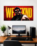 Image 1 (Angle View): The Weeknd red and yellow 3-piece split canvas wall art mounted above a modern computer desk setup.
