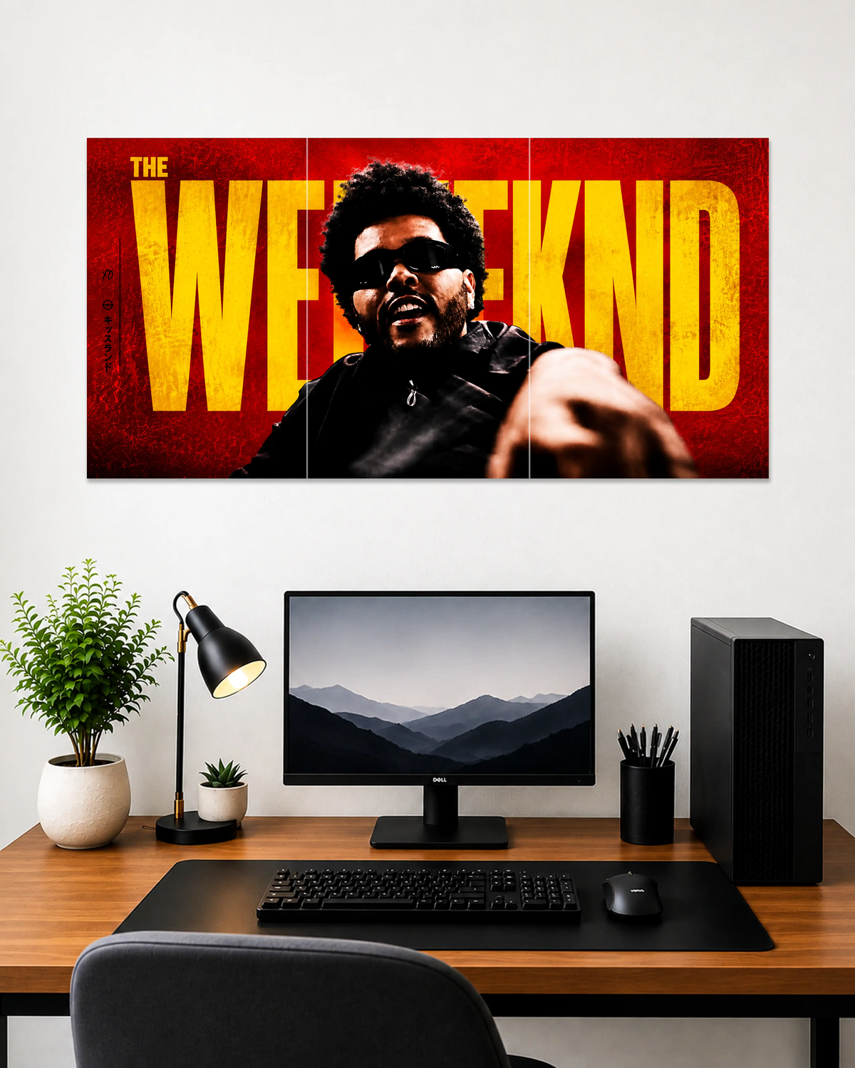 Image 1 (Angle View): The Weeknd red and yellow 3-piece split canvas wall art mounted above a modern computer desk setup.