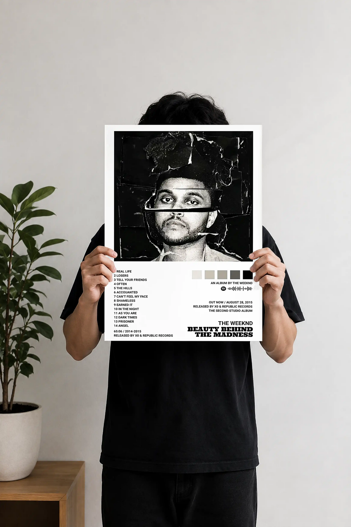 The Weeknd Trilogy minimalist black and white album cover poster wall art displayed in a modern home office.