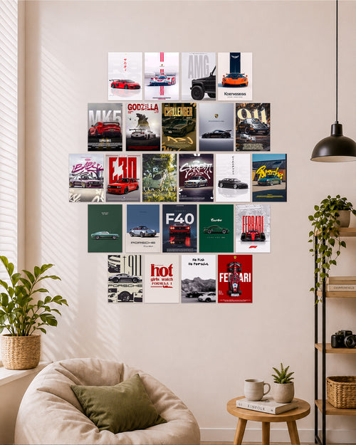 premium automotive supercar posters on blue aesthetic wall
