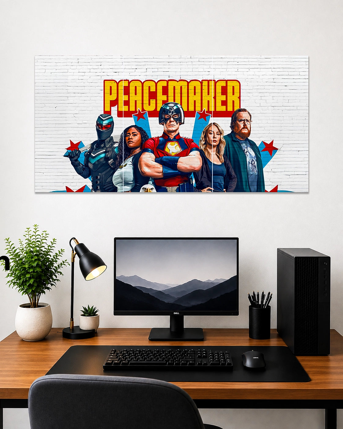 Peacemaker premium panoramic canvas wall art featuring the full superhero team for modern living room and gaming room decor