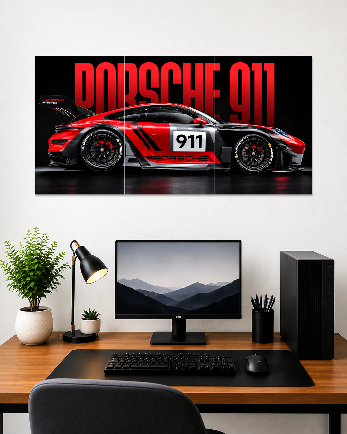 porsche-911-gt3-r-motorsport-poster-above-minimalist-desk-setup