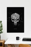 Punisher skull poster with minimalist black and white Marvel inspired wall art