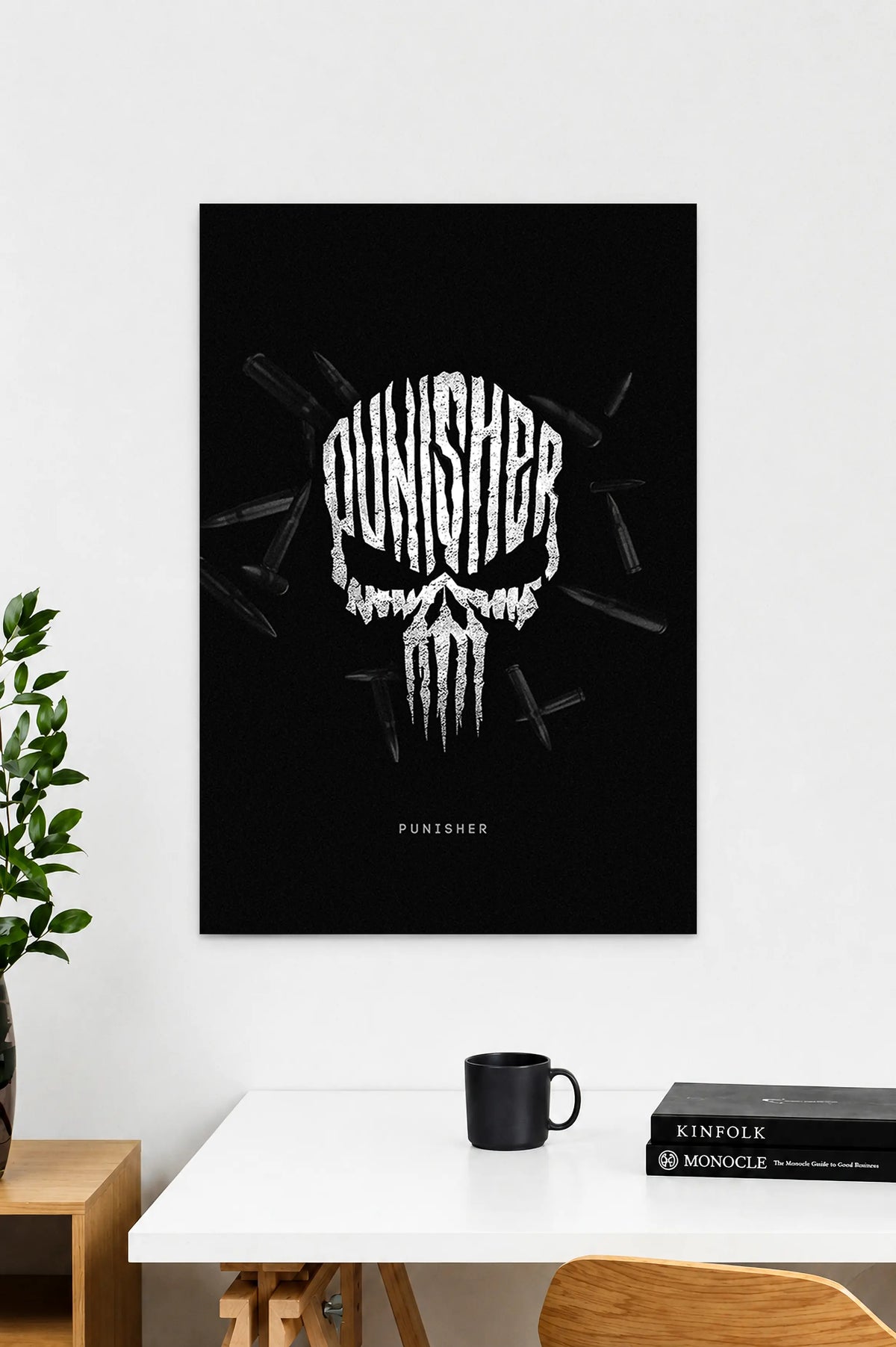 Punisher skull poster with minimalist black and white Marvel inspired wall art