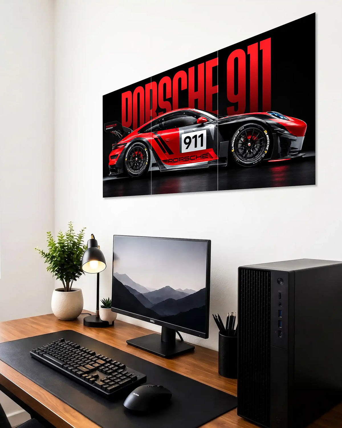 red-and-black-porsche-911-race-car-canvas-art-on-white-wall