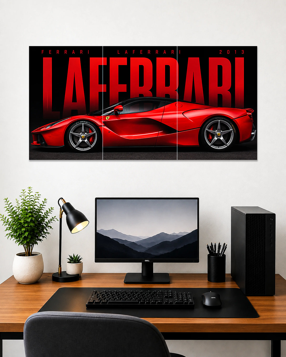 LaFerrari Supercar Wall Art Canvas featuring a red Ferrari LaFerrari hypercar with bold black and red background, premium automotive canvas print for garage, office, living room, and sports car enthusiasts.