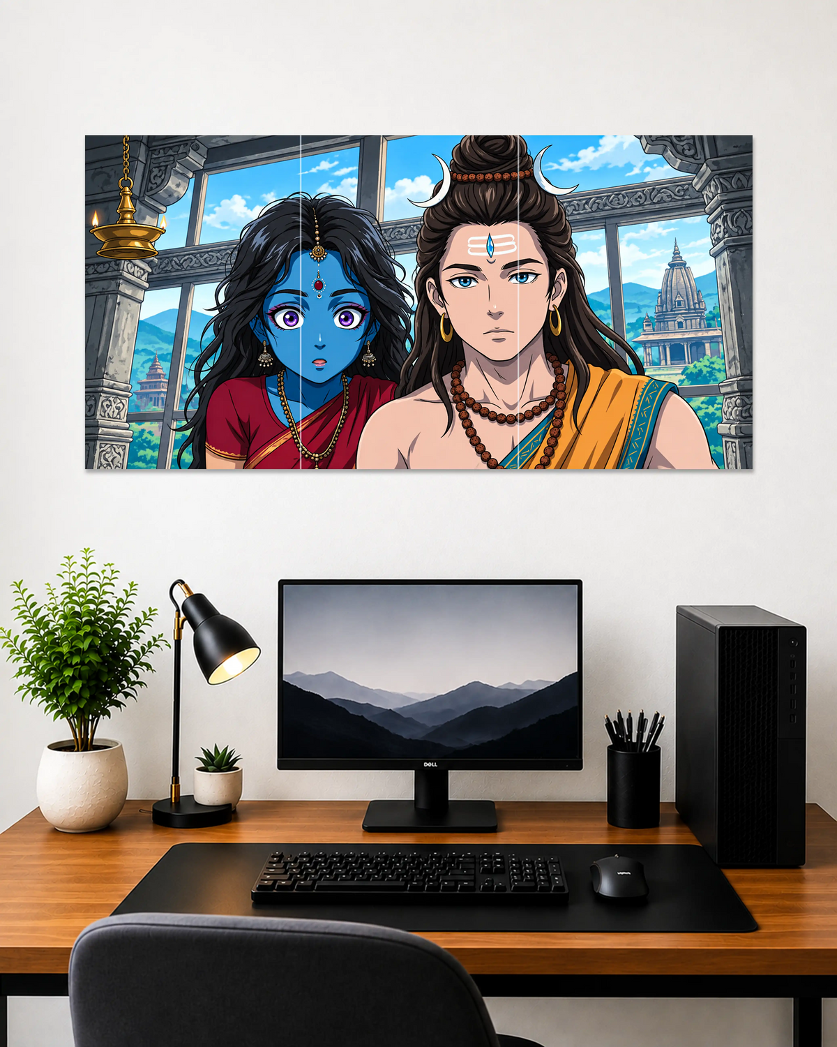 shiva-and-kali-anime-style-wall-art-above-minimalist-desk-setup