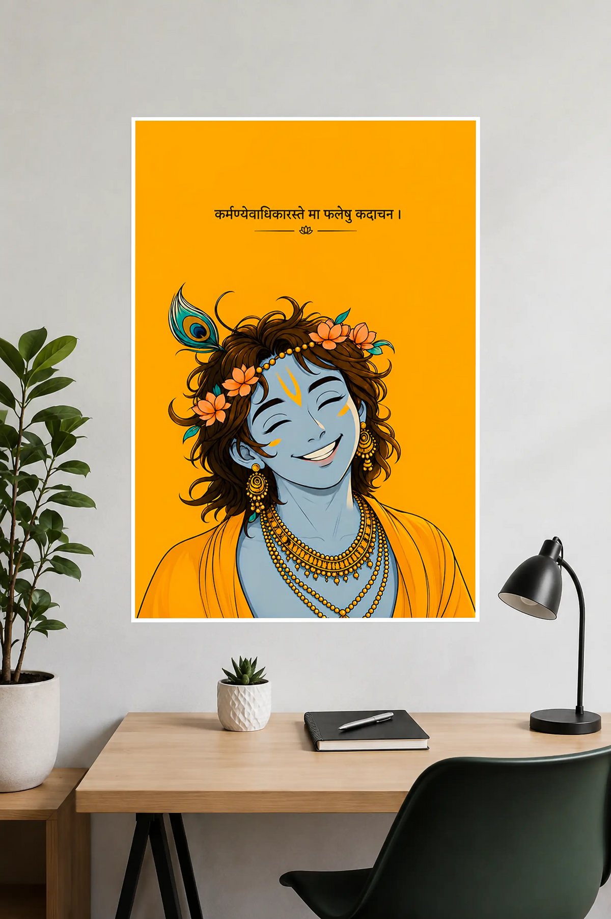 spiritual-home-decor-with-lord-krishna-sanskrit-quote-print-above-desk